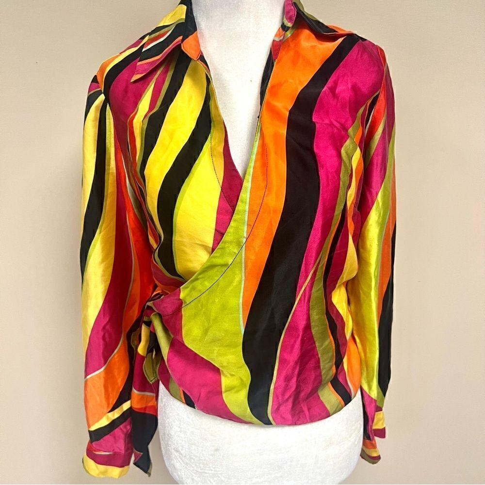 Spencer Jeremy vintage multi colored silk wrap top Sz S